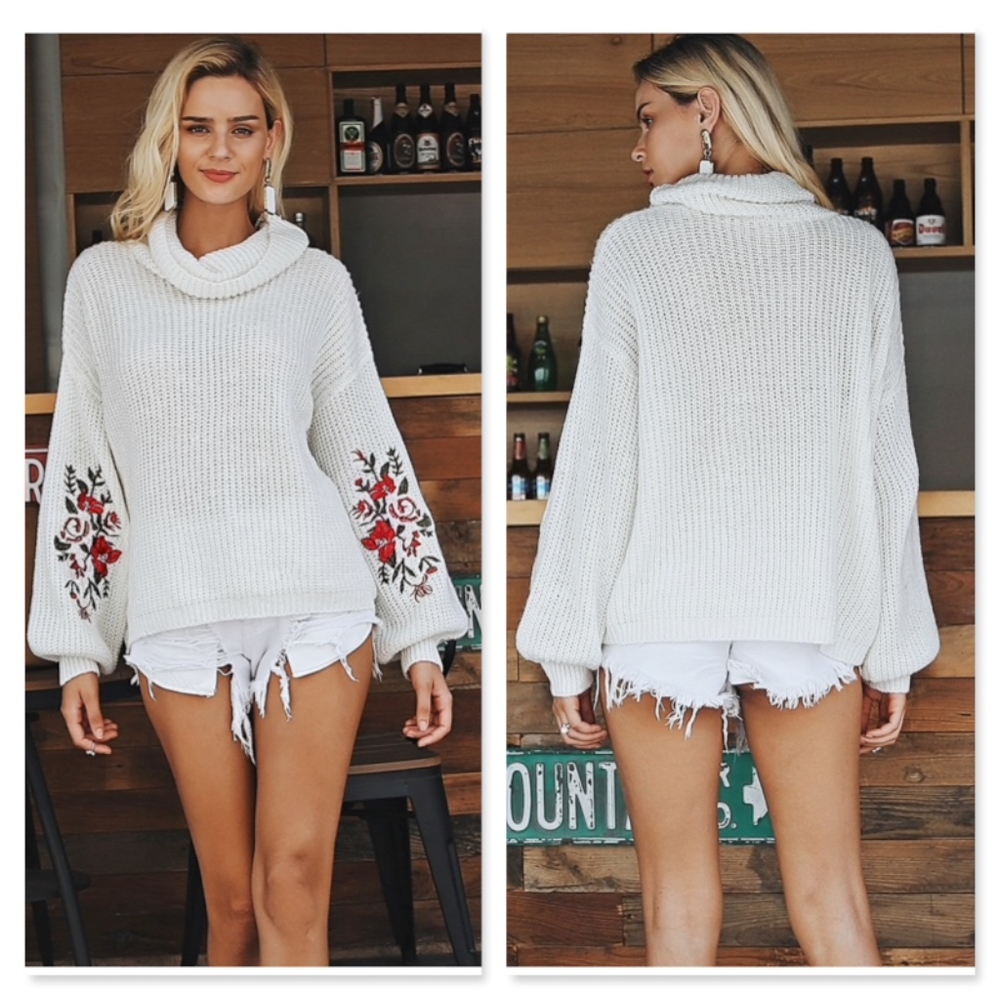Cowl Neck White Embroidered Oversized Sweater - Picture 5 of 8